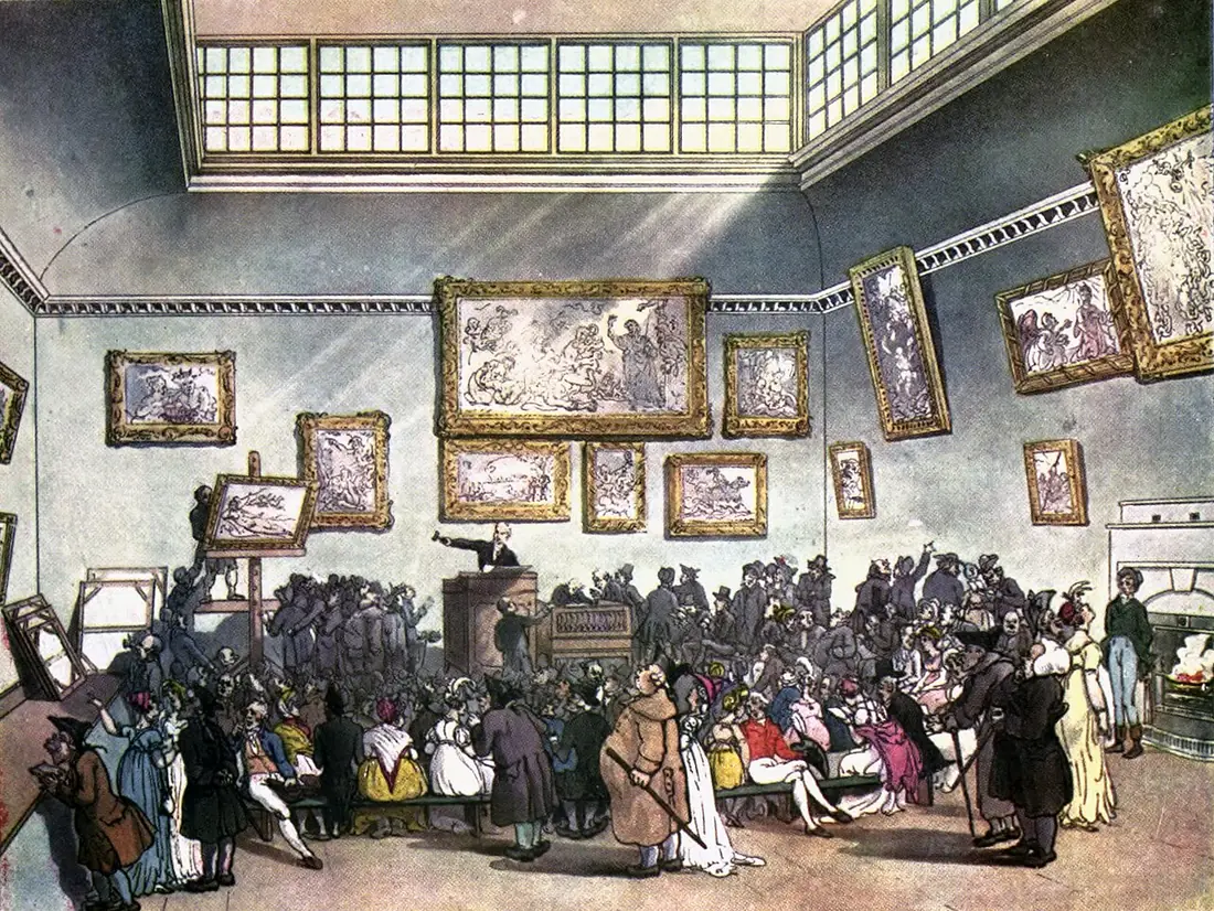 A crowded Georgian auction room at Christie’s, paintings hung to the ceiling and an auctioneer at the rostrum
