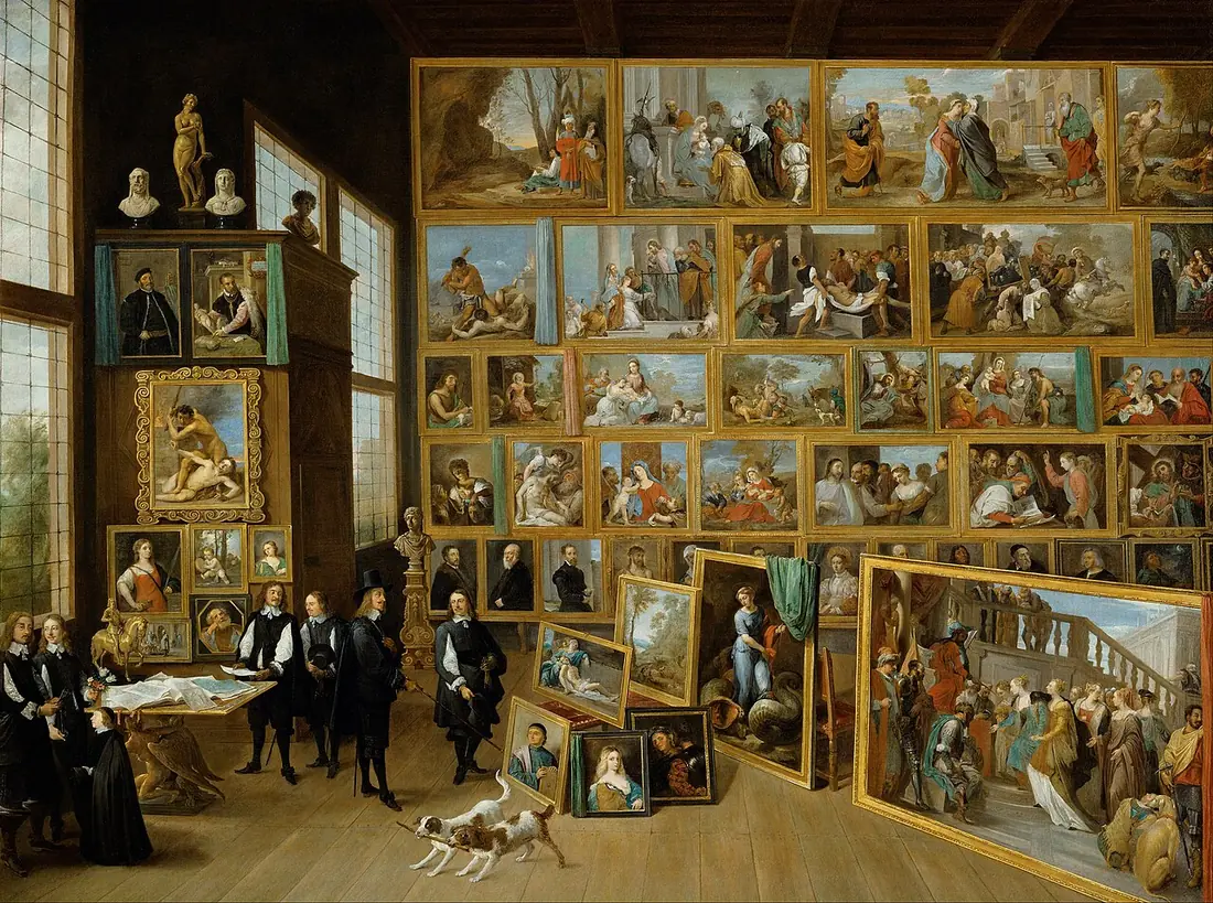 David Teniers the Younger’s painting of Archduke Leopold Wilhelm in his picture gallery, walls covered in framed paintings