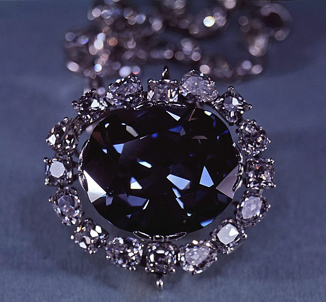 The Hope Diamond, a deep blue cushion-cut diamond in its pendant setting