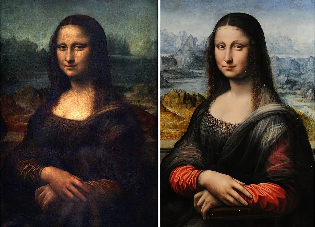 Leonardo’s Mona Lisa beside the earlier Prado copy of the same composition, shown side by side