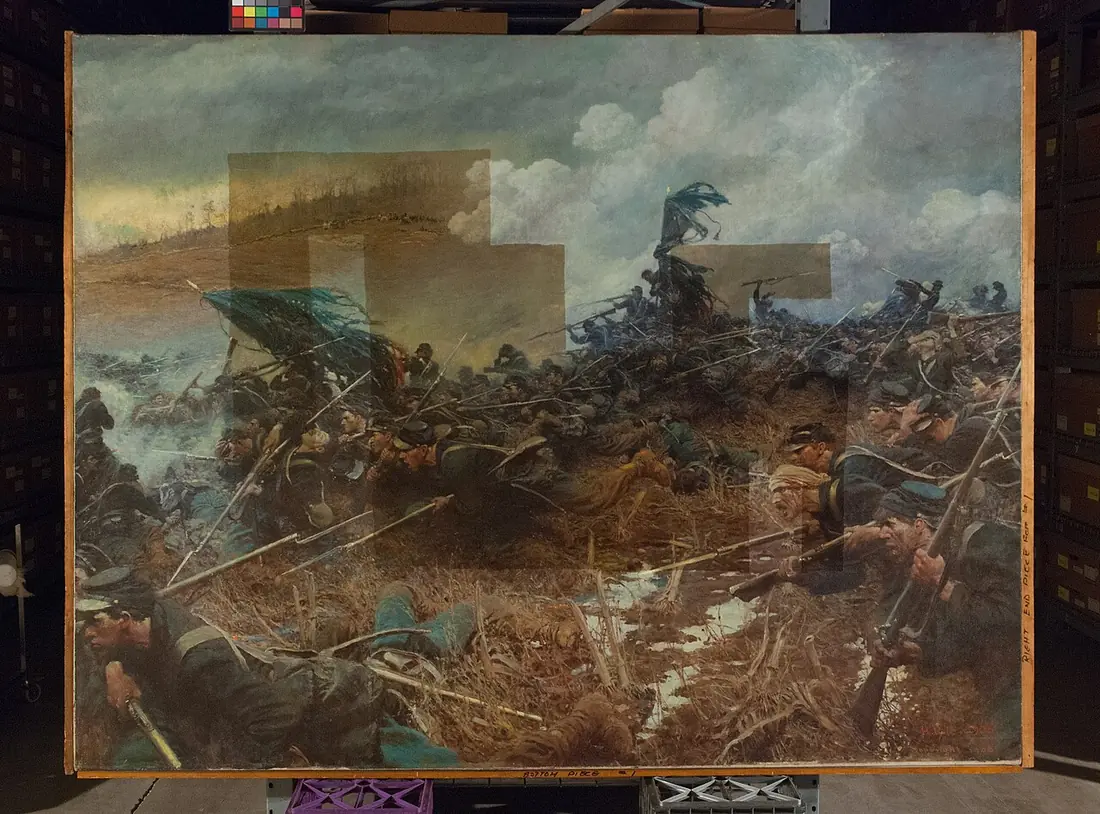 A large nineteenth-century battle painting mid-restoration, with rectangular patches where discoloured varnish has been cleaned away