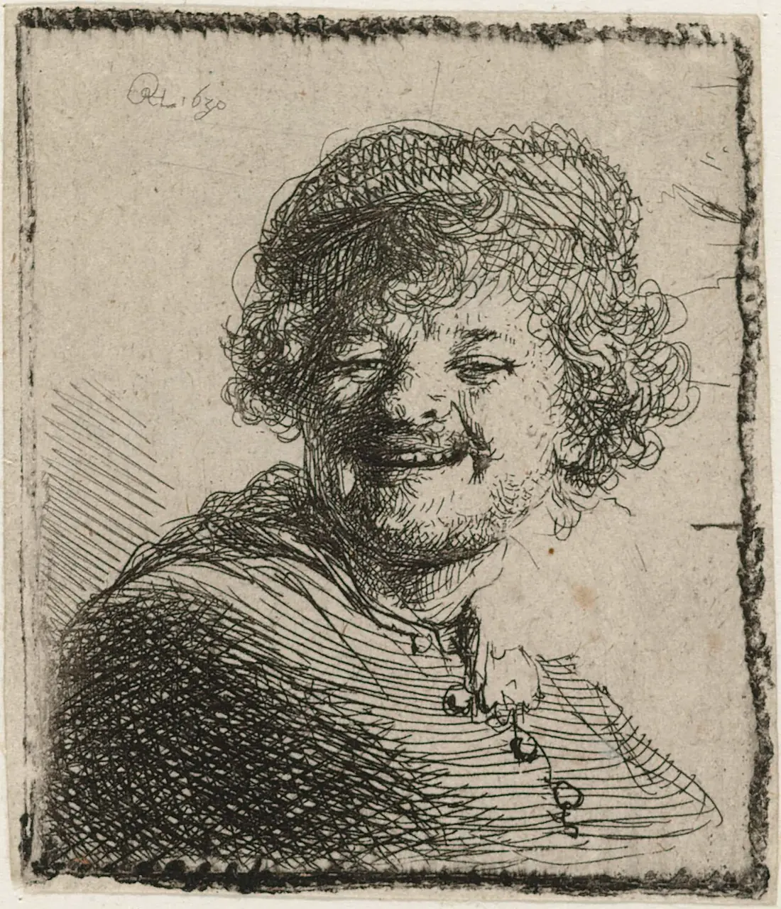Rembrandt’s 1630 etching Self-portrait in a Cap, Laughing, showing fine etched lines and the plate mark