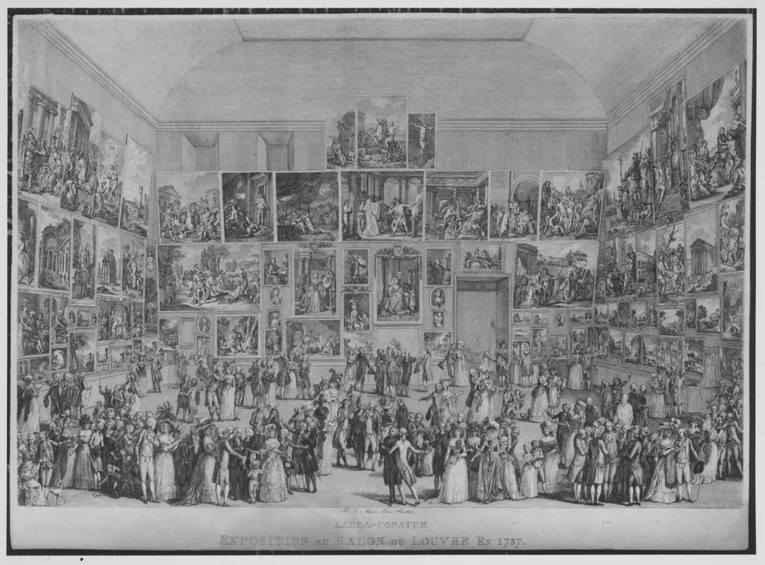 An engraving of the 1787 Salon at the Louvre, paintings hung frame to frame from waist height to the ceiling above a dense crowd