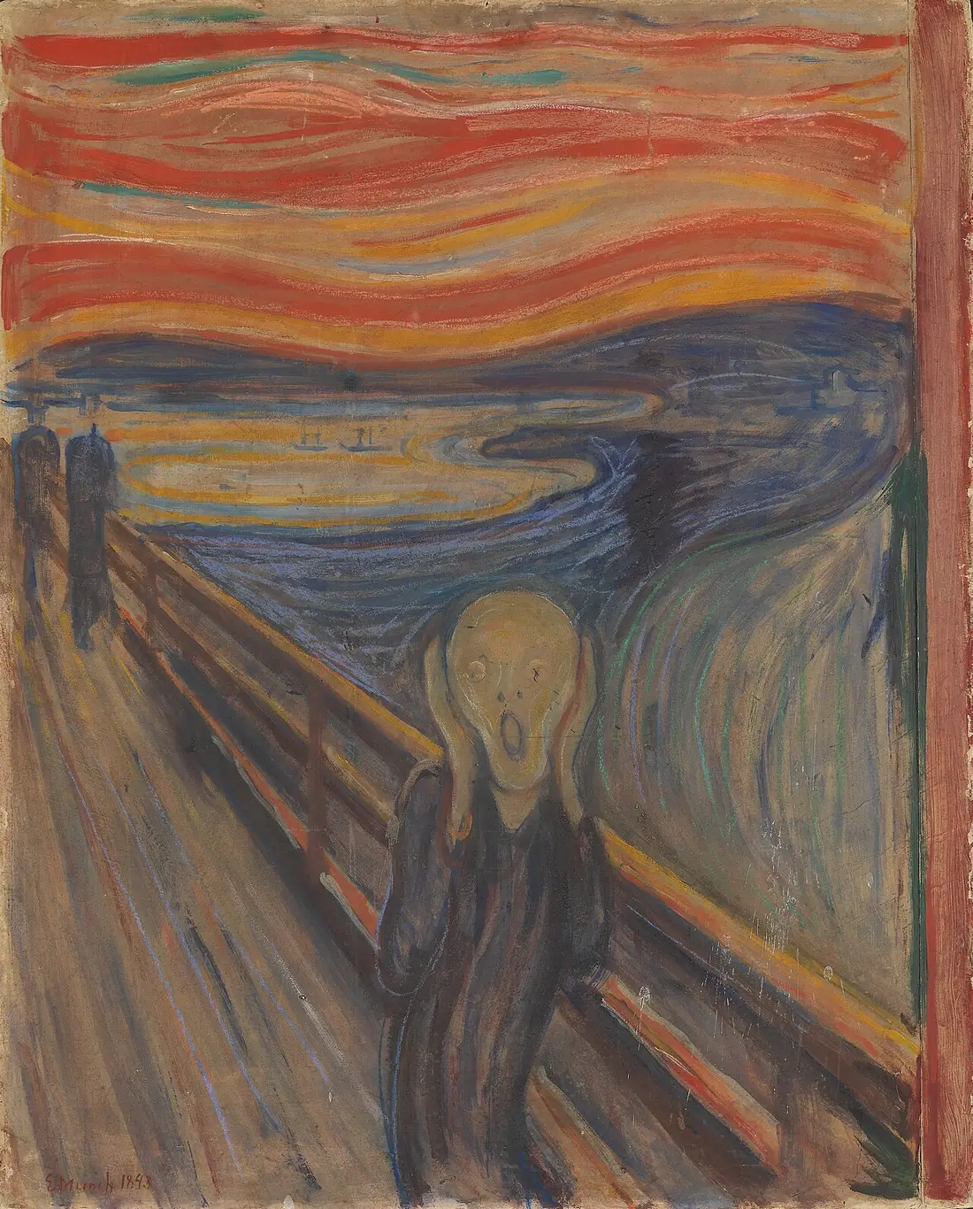 Edvard Munch’s The Scream, a figure clutching its face under a red sky